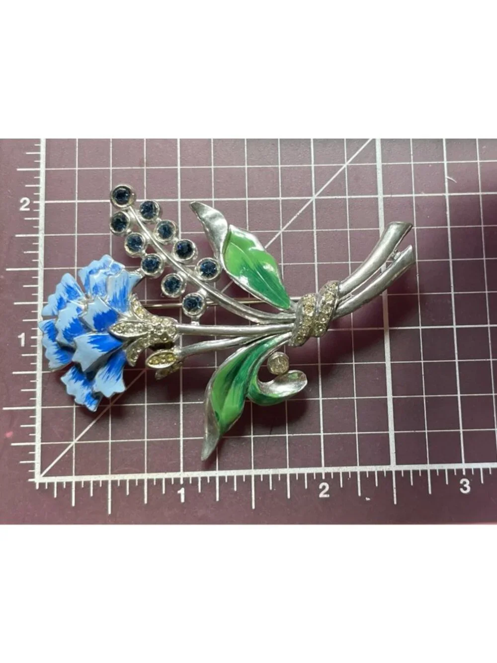 Vintage 1940s Rhodium Plated Blue Carnation Enamel Bouquet Rhinestone Brooch